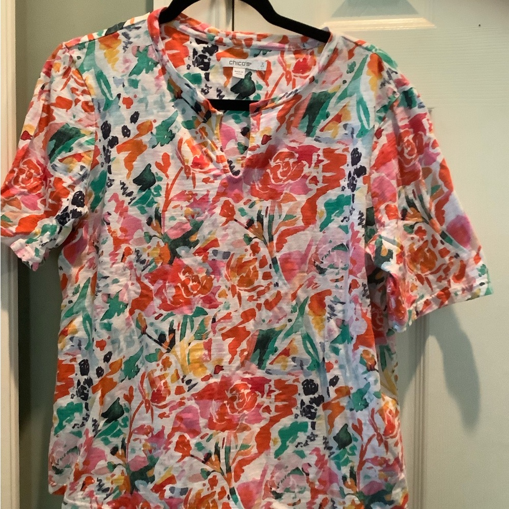Chico's Pink and Blue Graphic Polo Blouse
